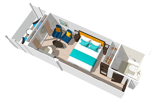 A 3D floor plan of a Standard Twin with Balcony